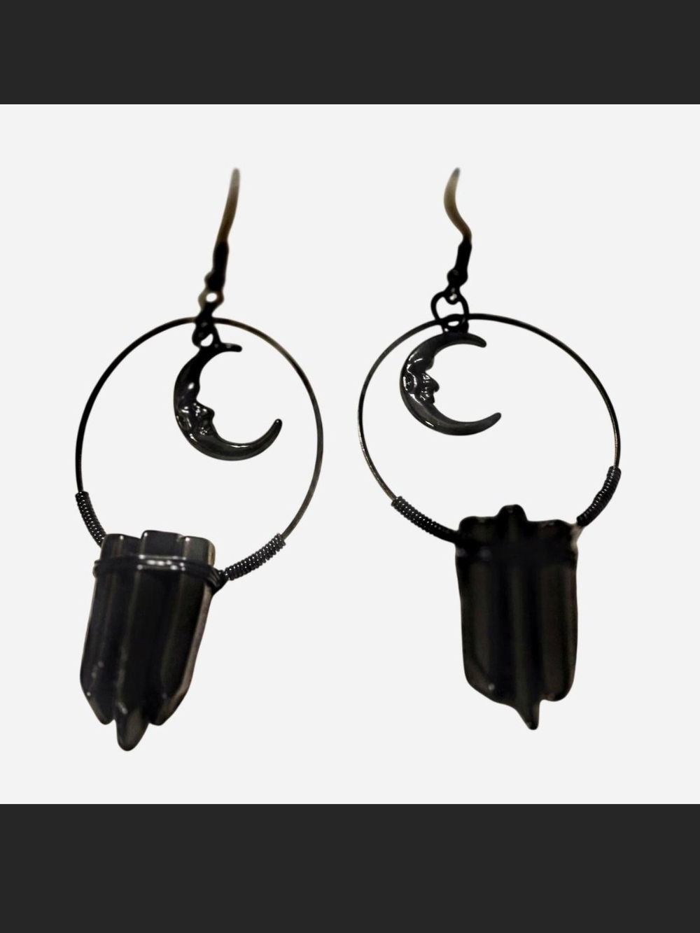Black Crescent Moon Hoop Earrings with Black Crystal Drops